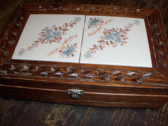 Hand Carved Vintage Jewelry Box with Ceramic Inla… - image 1