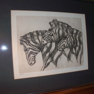 Wunderschöner vintage signiert signierter Zebra Zeichnung Tier Kunstwerk Wanddekoration