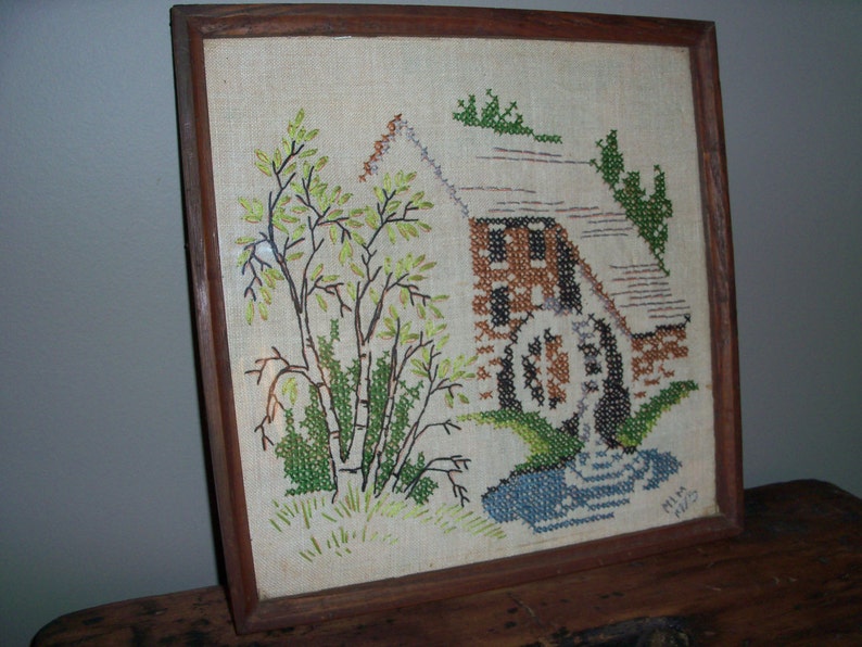 Vintage 1975 Handmade Cross Stitch Grist Mill Wall Art Decor Etsy