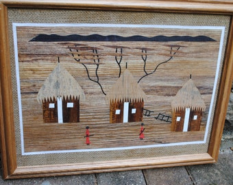 Incrível decoração de parede artesanal, cabana tribal primitiva, fogueira, Nigéria, África