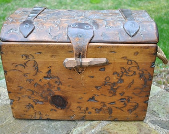 Trunk Chest Unique Hand Carved Wooden Leather Straps Box Case Box