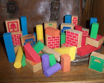 Lot of 42 Vintage Wooden Building Blocks Kids Children Props C