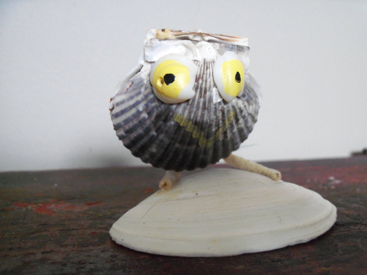 Vintage Handmade Owl Lover Shell Art Figurine Primitive