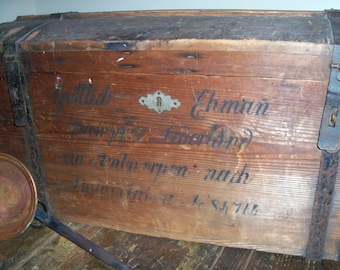 Incredible Antique Large Wooden Trunk Philadelphia Immigrant History