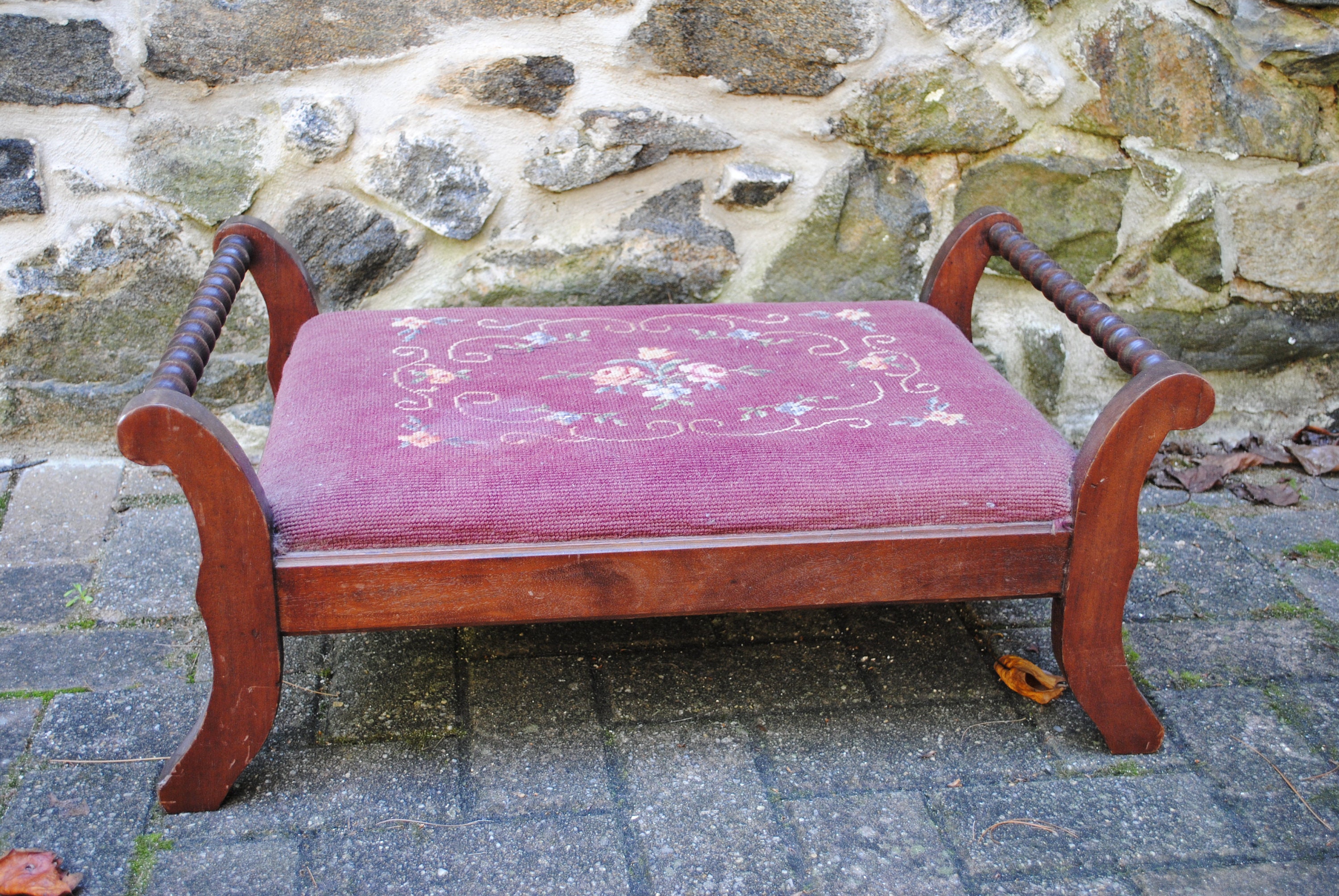 Large Vintage Needlepoint Wooden Footstool Bench Mauve Ottoman Etsy