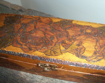 Vintage Wooden Flemish Pyrography Glove Box