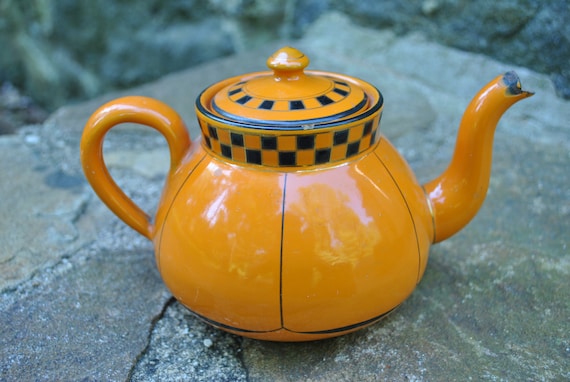 Germany Wasserkocher Teekanne Antik Orange Schwarz Kariert Kleine Emaille
