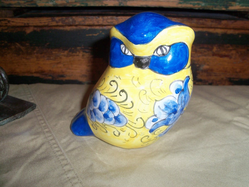 Vibrant Yellow and Blue Ceramic Owl image 1