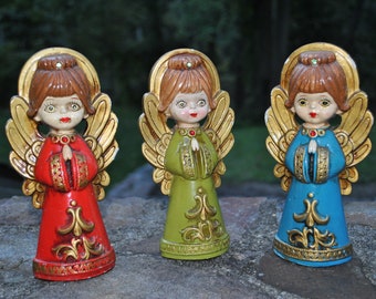 Christmas Angels Figurines Holiday Decoration Set of 3 Ceramic Hand Painted Vintage Ardco
