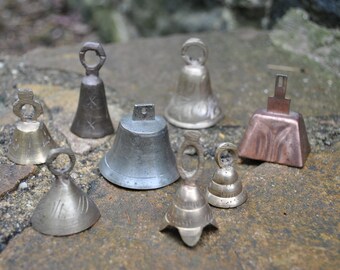 Brass Bell India Tibetian Small Handmade Lot of 8 Bells Tiny