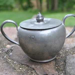 Antique Pewter Sugar Bowl Two Handled Serveware Cup Lid
