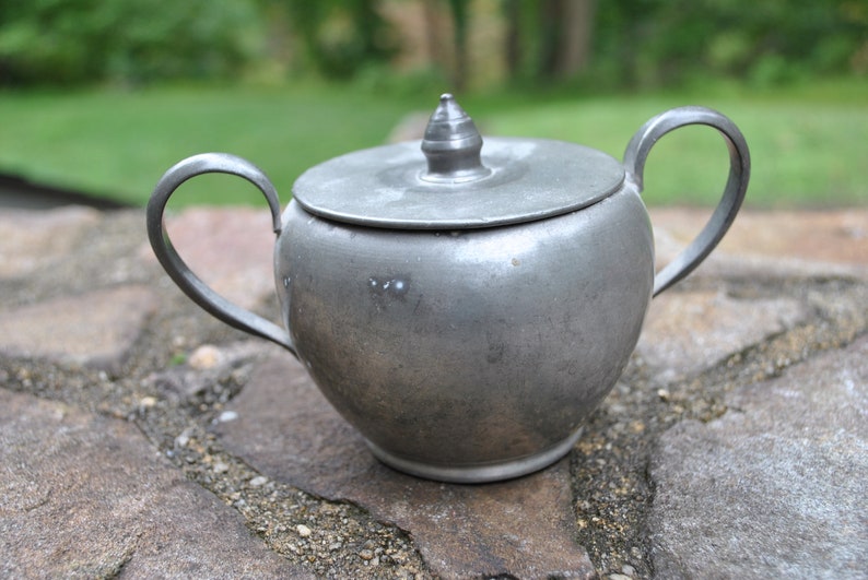 Antique Pewter Sugar Bowl Two Handled Serveware Cup Lid Etsy
