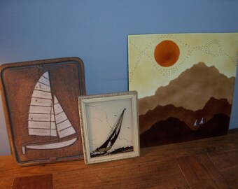 Awesome Set of 3 Vintage Sailboat Wall Art Pieces Tile Ceramic Glass Unique Display Ocean Beach House