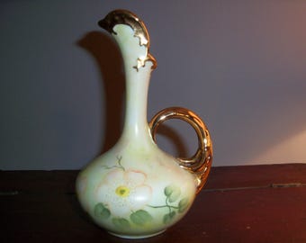 Vintage Hand Painted Porcelain Pitcher Gold Detail Floral Ceramic Jug Vase