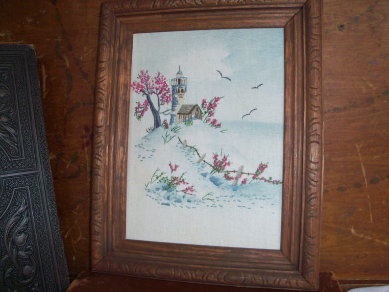Vintage Handmade Lighthouse Framed Needlepoint Small Wall Decor