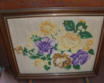 Large Handmade Needlepoint Floral Wall Decor Vintage