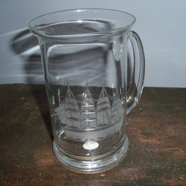 Vintage Etched Glass Schooner Mug Barware Stein Drinking Beer