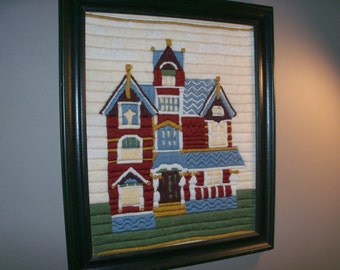 Large Vintage Handmade Crewel Embroidery Victorian House Framed