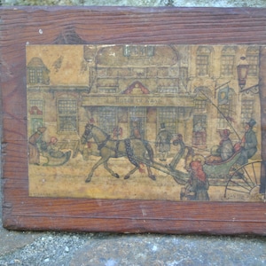 Anton Pieck Vintage Wooden Plaque Village Horse Drawn Sleigh Snow Winter Drawing