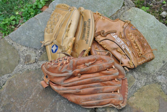 Baseball Mitt Glove Set of 3 Vintage Game Sports … - image 3