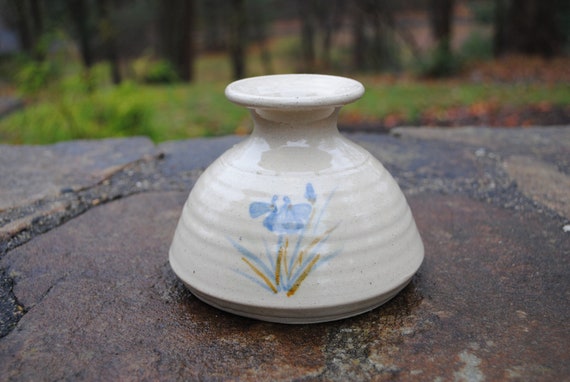 Vintage Handmade Stoneware Pottery Floral Beige Blue Candleholder,Simple Primitive Rustic Cottage Style,Farmhouse Decor,Gift under 30