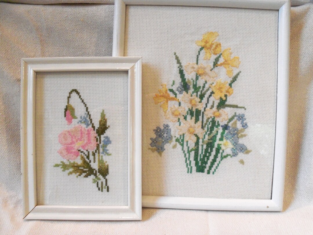 Pair of Vintage Handmade Cross Stitch Floral Wall Hanging Etsy