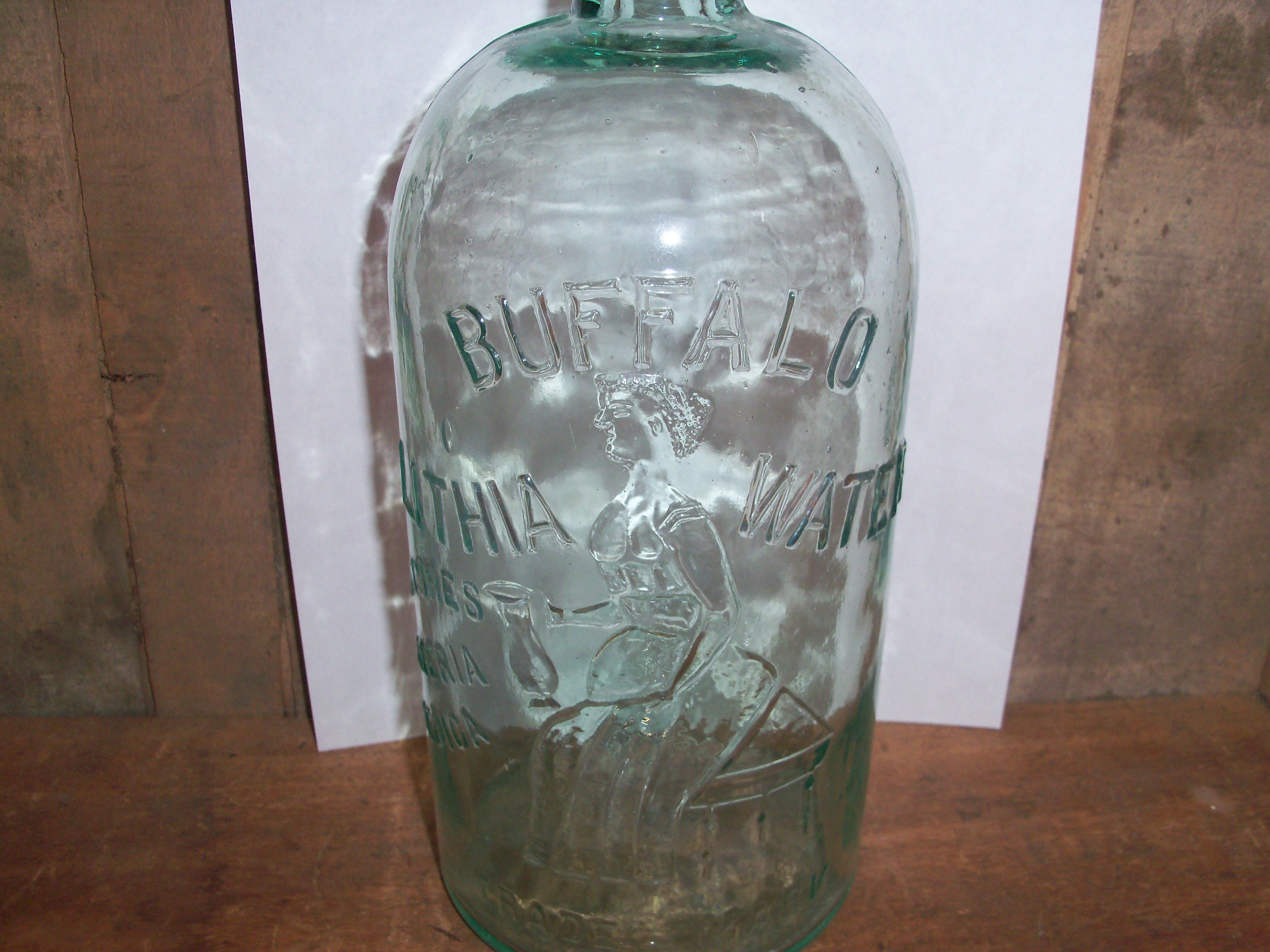 Large Antique Water Bottle Buffalo Lithia Relief Green Glass Etsy