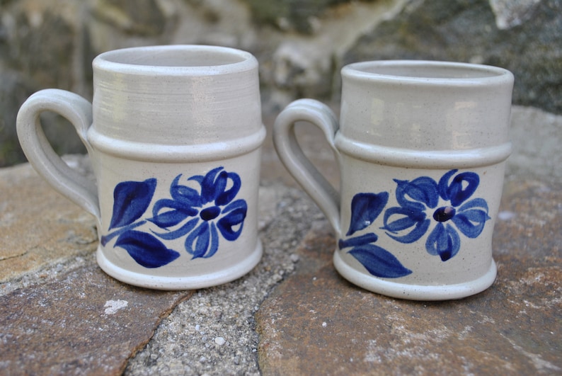 Williamsburg Pottery Stoneware Salt Glaze Mug 3 1/2” Blue Leaves Williamsburg Pottery Stoneware Salt Glaze Mug 3 1/2” Blue Leaves