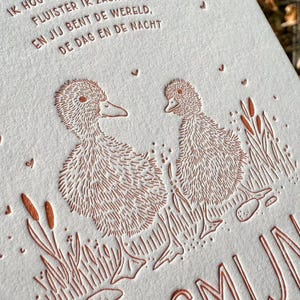 Geboortekaartje met eendjes – ambachtelijk gedrukt in letterpress