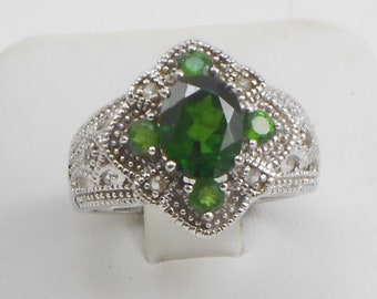 Sterling silver Emerald stone cocktail ring, green stone statement ring, Art Deco style ring, Engagement ring