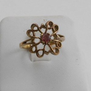 May include: A gold-colored ring with an openwork floral design. The ring features a small, round, red gemstone at the center of the flower. The ring is displayed on a white jewelry display stand.