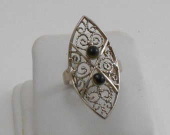 Vintage Onyx Sterling Silver Filigree Ring, Size US7