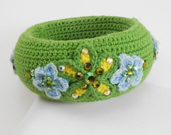 Tarina Tarantino crochet bangle bracelet, Green Florals and Swarovski crystals.