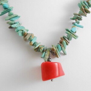 Southwestern style Vintage turquoise chip necklace with coral pendant Sterling silver clasp