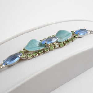 Vintage Blaue Emaille und Blau geblümte Strass Silber Armband