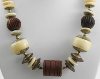 Tribal style carved bone and wood beaded necklace -Vintage Ethnic Jewelry- Chunky statement necklace-