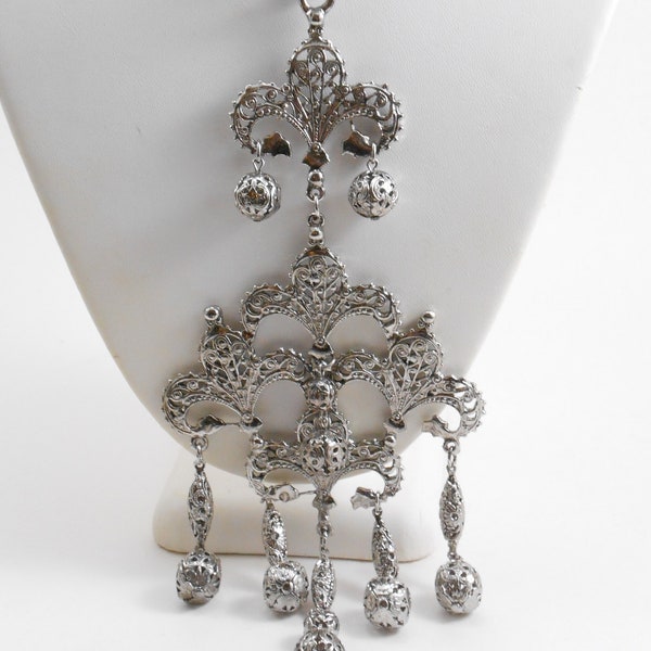 Polished silver fleur-de-lis large chandelier pendant necklace, 1960s Jewelry, Statement Necklace, Runway Necklace