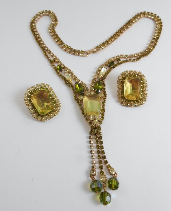 Green Glass rhinestone jewelry set - necklace and earings - Demi
