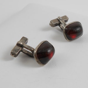 Vintage Sterling silver and red glass cabochon Swank mens cufflinks