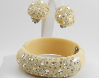 Weiss Signed Celluloid Clamper Bracelet and Earrings Clear diamond rhinestones
