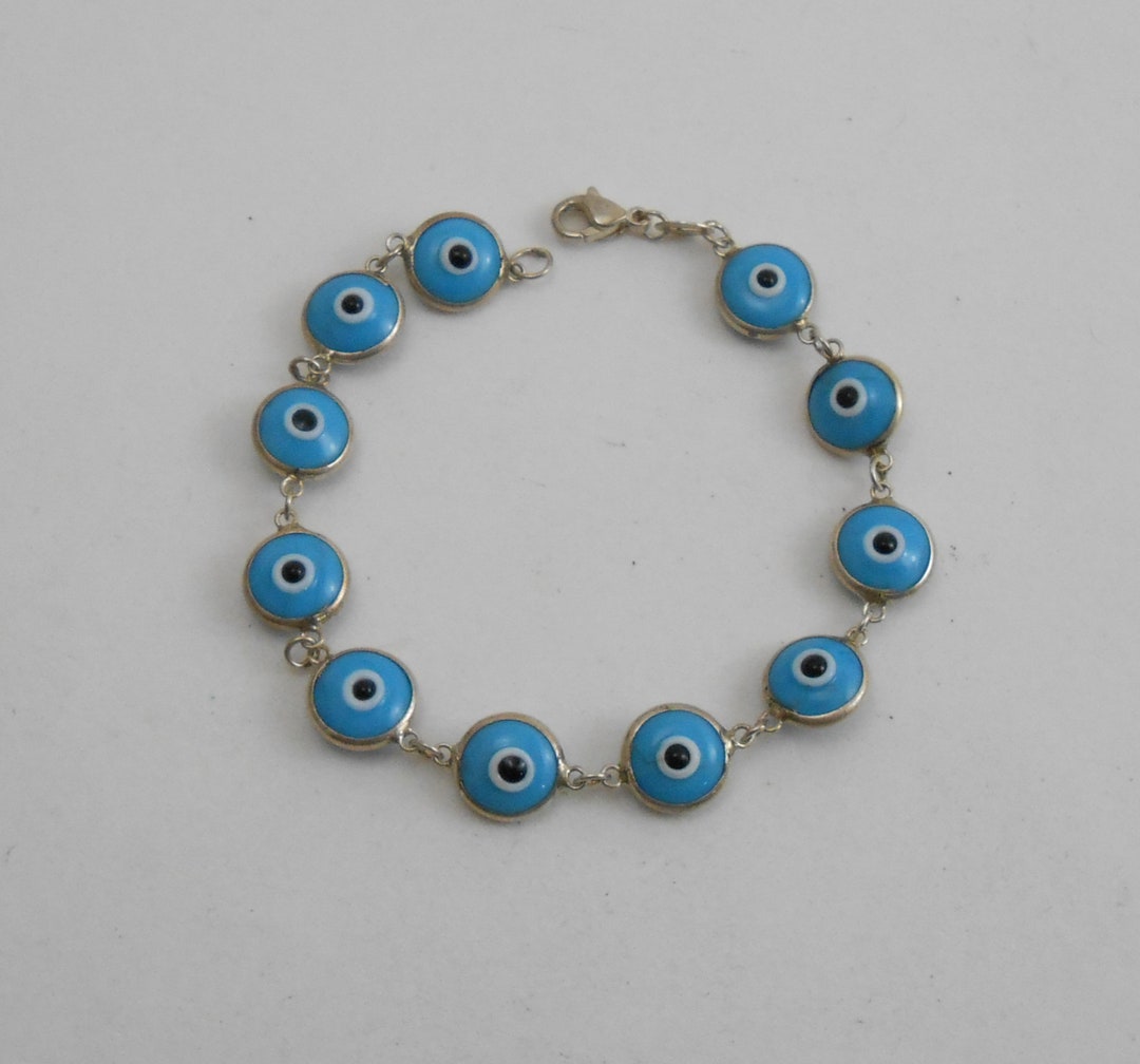 Vintage Sterling Silver Blue Eyes Beads Protection Bracelet, Glass