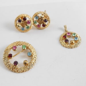 Vintage Avon Jewelry Set, Earrings, Pendant, Brooch, Multi color rhinestones