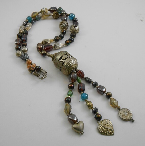 TASSEL NECKLACE ~ Long Hand Knotted Beaded Necklace ~ Blue Amber and clear AB crystals ~ Handmade fringe and ribbon tassel ~ Gift for Her