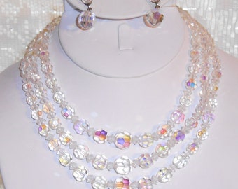 Antique Glass Faceted AB beaded Multistrand Bib Necklace 1940s costume