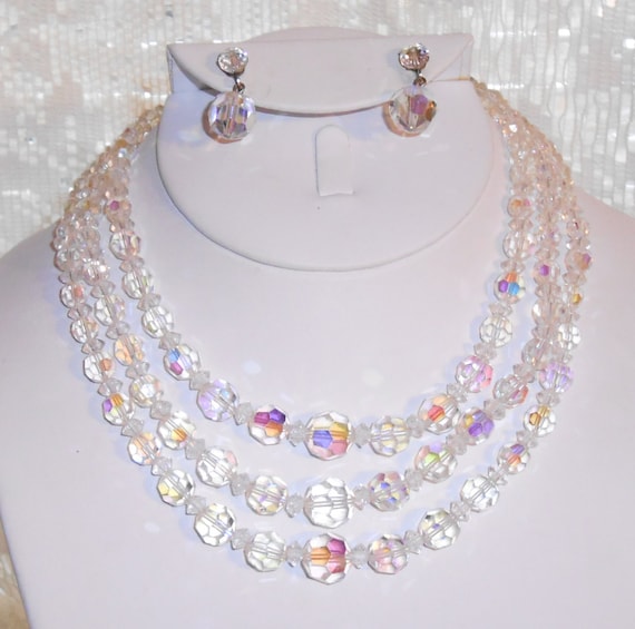 Antique Glass Faceted AB beaded Multistrand Bib Necklace 1940s costume