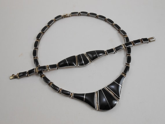 Mexico 950 Silver and Onyx Necklace and Bracelet Set Signed