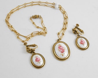 Vintage guilloche goldtone rose pendant necklace and matching earrings PAT Pend