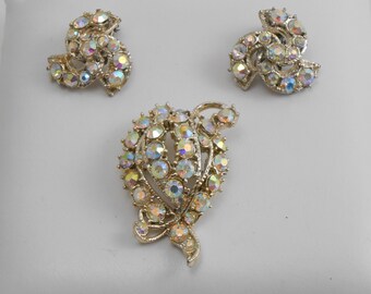 Vintage AB Rhinestone Dome Shaped Brooch and clip back earring set,  Demi Parure Rhinestone set