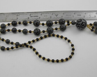 ヴィンテージ彫刻オニキスビーズネックレス - エスニックなブラック 