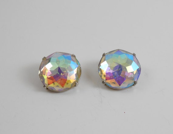 Large round button earrings, Rainbow rhinestone, … - image 2